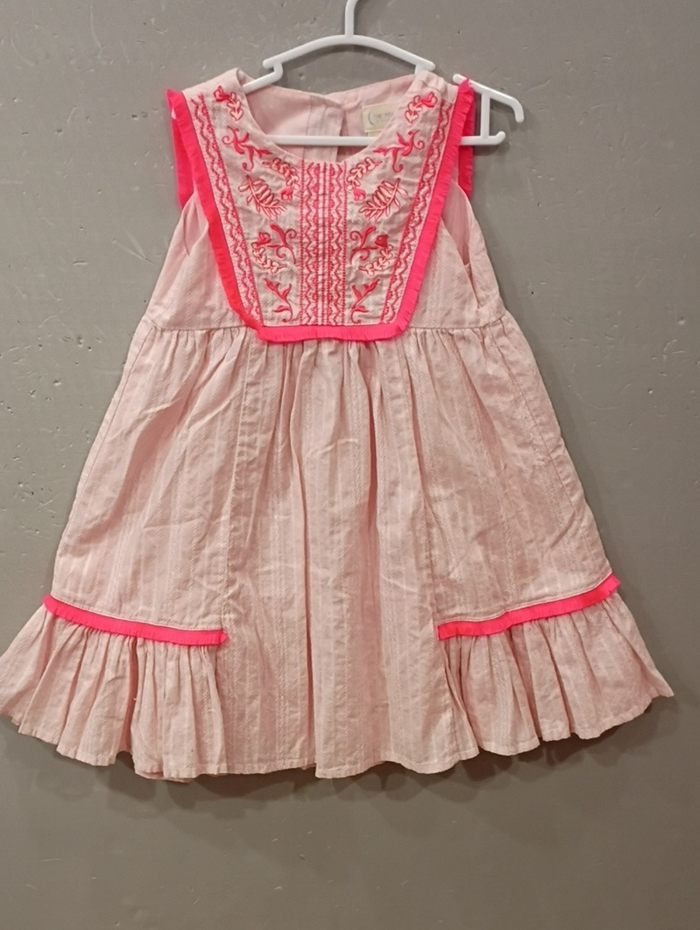 The Prairie Girls Pink Embroidered Cotton Dress with Hot Pink Trim